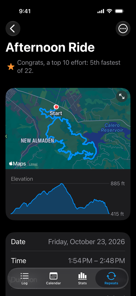A ride: 5th fastest of 22 on the same route, with the route map and elevation