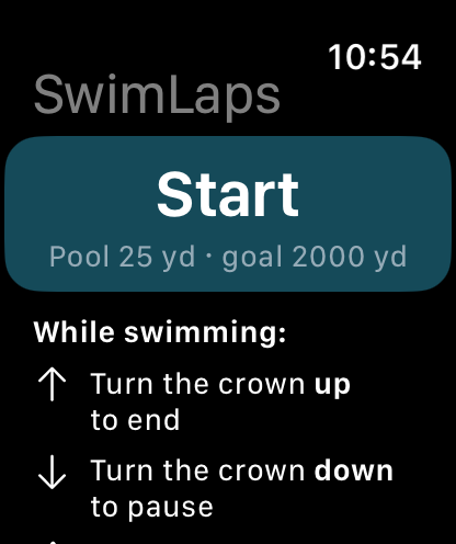 SwimLaps start screen: a Start button for a 25 yard pool with a 2000 yard goal, and crown instructions